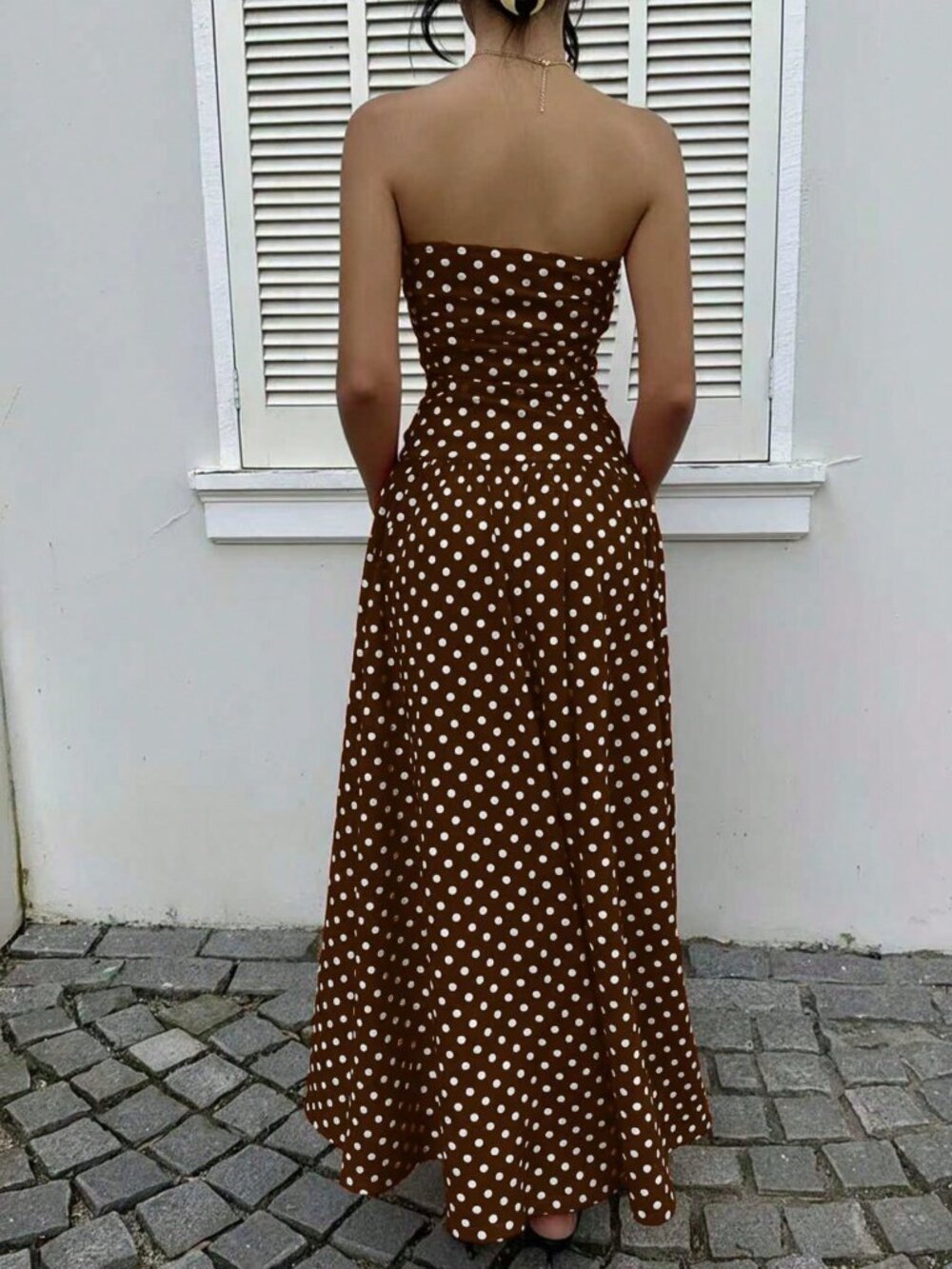 Brown Casual Women's Polka Dot Waist Cinched Bandeau Maxi Sundress - Picture 2 of 6